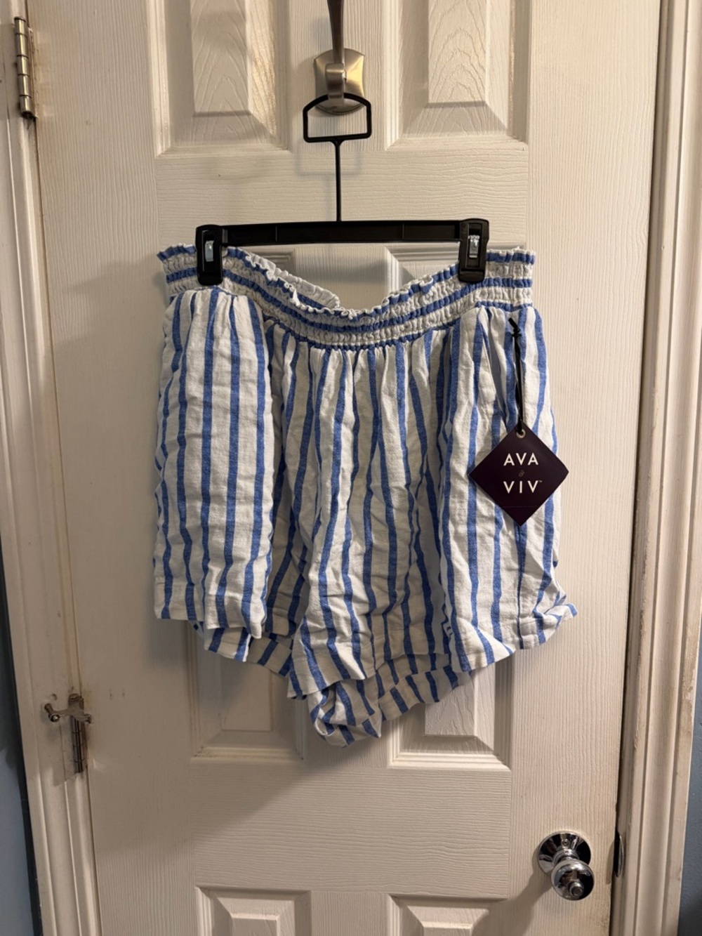 Ava & Viv White and Blue Striped High-Waist Smocked Shorts